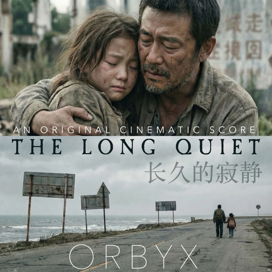 ORBYX Album Cover The Long Quiet – Original Cinematic Score featuring a father and daughter in a desolate landscape.